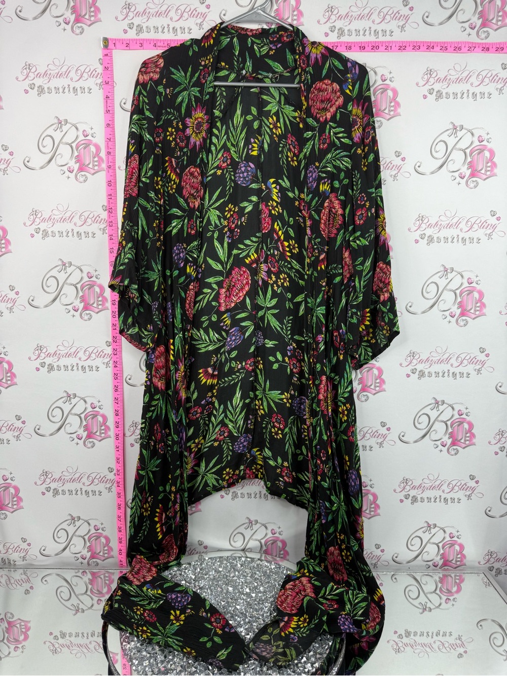 Cardigan long style Black Floral Kimono Cardigan with Pink & Purple Blooms